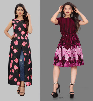 Hiral Creation Women Fit and Flare Black Knee Length Dress