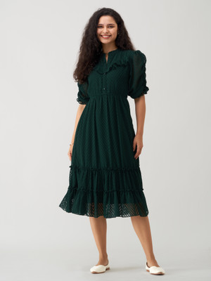 AASK Women Fit and Flare Green Midi/Calf Length Dress