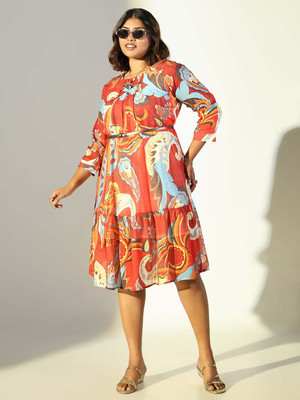 SHOWOFFFF Women A-line Red Midi/Calf Length Dress