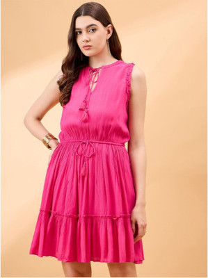 all about you Women A-line Pink Midi/Calf Length Dress