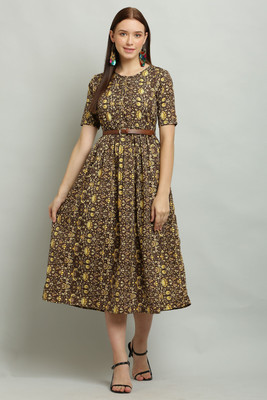 Shyammc Women Fit and Flare Yellow Midi/Calf Length Dress