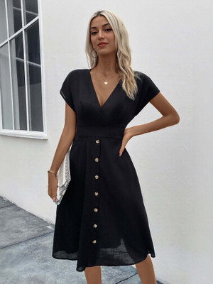 OUTZIDR Women Fit and Flare Black Knee Length Dress