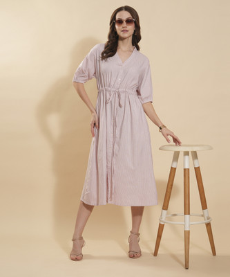 FashFun Women Fit and Flare Pink Midi/Calf Length Dress
