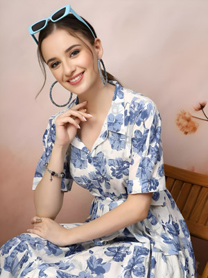 HouseOfCommon Women Fit and Flare White, Blue Below Knee Dress