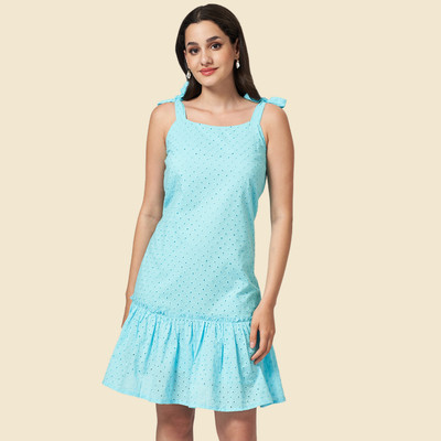 YU by Pantaloons Women A-line Light Blue Above Knee/Mid Thigh Length Dress
