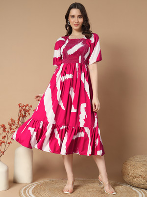 ZWERLON Women A-line Red, Pink Midi/Calf Length Dress