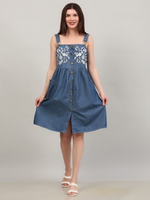 Hi Fashion Women A-line Dark Blue, White Dress