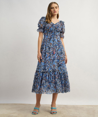 Miss Chase Women Tiered Dark Blue Maxi/Full Length Dress