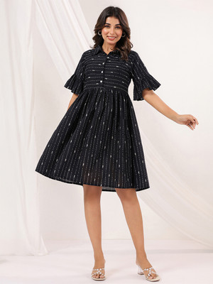 Janasya Women A-line Black Midi/Calf Length Dress