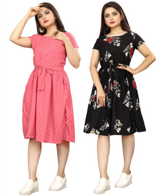 HouseOfCommon Women A-line Pink, Black Knee Length Dress
