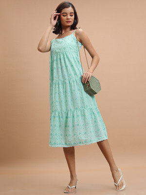 KETCH Women A-line Light Green Midi/Calf Length Dress