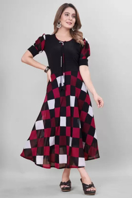 OZEX Women Fit and Flare Black, Maroon, White Ankle Length Dress