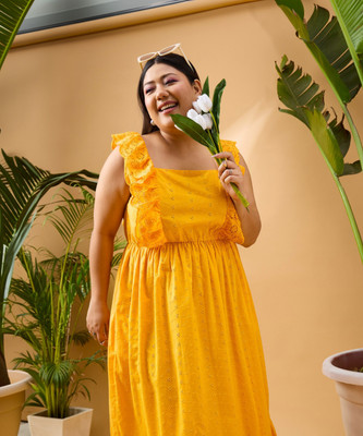 SASSAFRAS Curve Women Fit and Flare Yellow Maxi/Full Length Dress