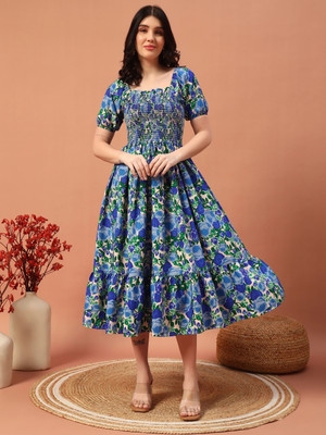 ZWERLON Women A-line Blue Midi/Calf Length Dress