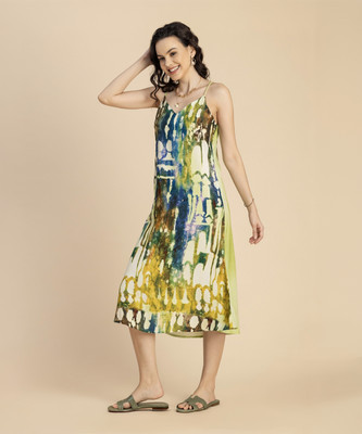 moomaya Women Fit and Flare Multicolor Midi/Calf Length Dress