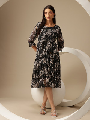 CHEMISTRY Women Fit and Flare Black Midi/Calf Length Dress