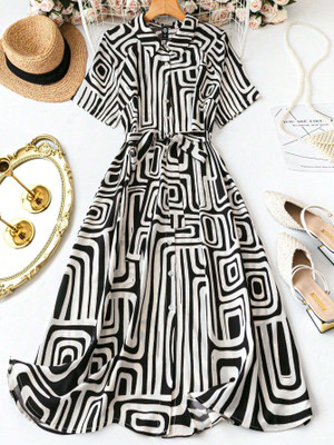 Seek By Sheetal Women Fit and Flare Black, White Knee Length Dress