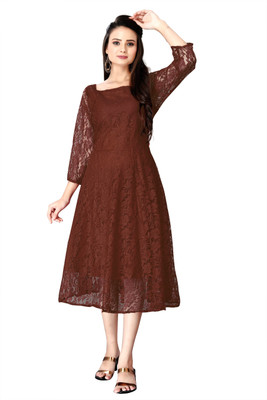 Werolia. Women Fit and Flare Brown Midi/Calf Length Dress