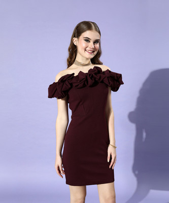 ATHENA Women Bodycon Maroon Above Knee/Mid Thigh Length Dress