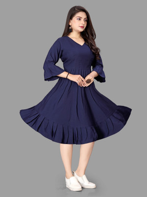 Madhave Women Fit and Flare Dark Blue Knee Length Dress
