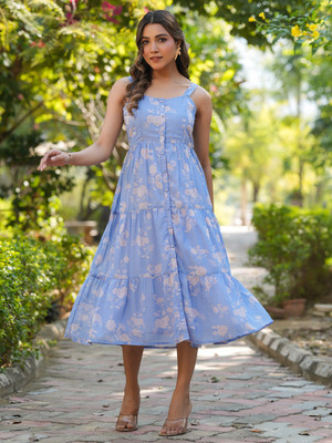Janasya Women Fit and Flare Light Blue Midi/Calf Length Dress