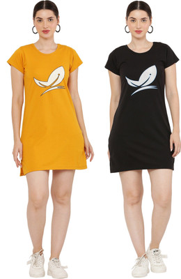 PREE GOO Women Ethnic Dress Yellow, Black Above Knee/Mid Thigh Length Dress