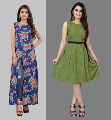 Modli 20 Fashion Women Fit and Flare Blue Knee Length Dress