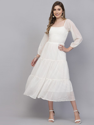 AAYU Women Fit and Flare White Maxi/Full Length Dress