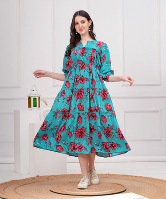 Jyoti Women Fit and Flare Light Blue Midi/Calf Length Dress