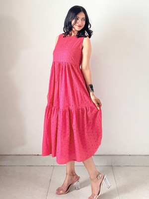 Janasya Women Fit and Flare Pink Midi/Calf Length Dress