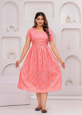 PUBAR Women Fit and Flare Pink Midi/Calf Length Dress