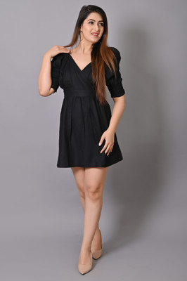 IQRAAR Women Fit and Flare Black Above Knee/Mid Thigh Length Dress