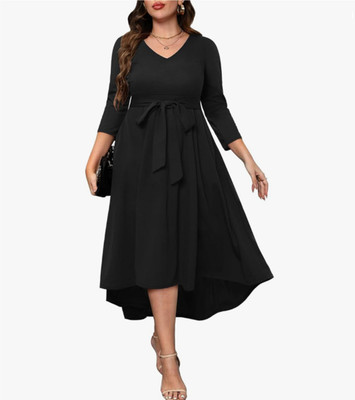 C4D Women Fit and Flare Black Midi/Calf Length Dress