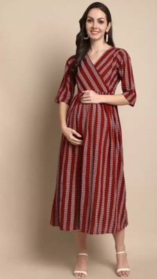 Khejal Women Fit and Flare Maroon Midi/Calf Length Dress