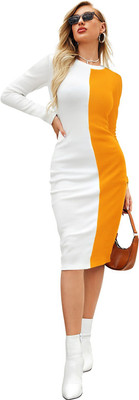 Dhruvil Impex Women Bodycon Yellow, White Below Knee Dress