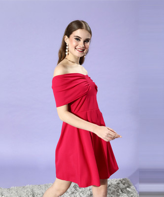 ATHENA Women Fit and Flare Red Above Knee/Mid Thigh Length Dress