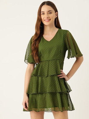 Moda Rapido Women A-line Green Above Knee/Mid Thigh Length Dress