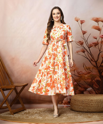 Stylum Women Fit and Flare Orange Midi/Calf Length Dress