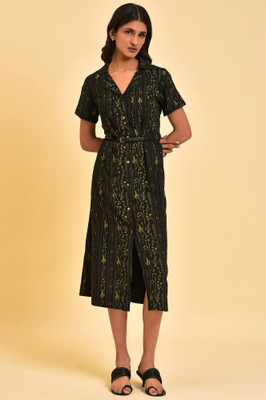 W Women A-line Dark Green, Yellow Midi/Calf Length Dress