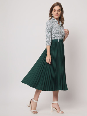 ZWERLON Women Fit and Flare Green Midi/Calf Length Dress