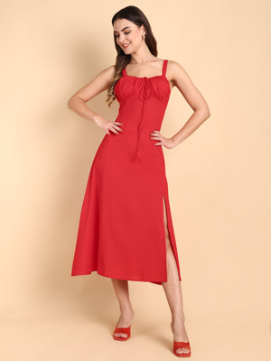 Elyraa Women Fit and Flare Red Midi/Calf Length Dress