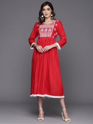 Indo Era Women Fit and Flare Red, White Dress