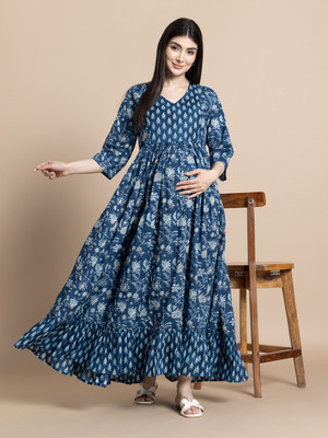 Gujari Women Ethnic Dress Blue Ankle Length Dress