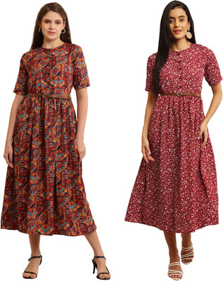 Mamnoon Women Fit and Flare Silver, White Midi/Calf Length Dress