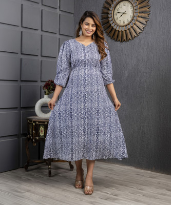 CHEHAR Women Fit and Flare Blue, White Midi/Calf Length Dress