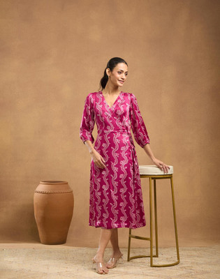 Fabindia Women Fit and Flare Pink Midi/Calf Length Dress