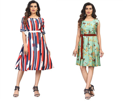 Growmore Fab Women A-line Red, Green Knee Length Dress