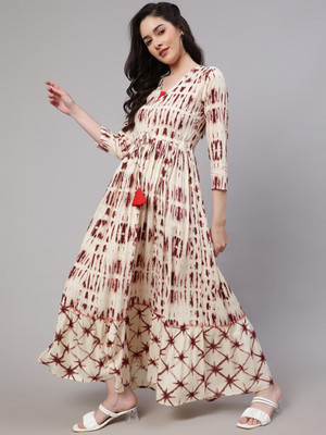 GLAMALUE Women Printed Flared Kurta(Brown)