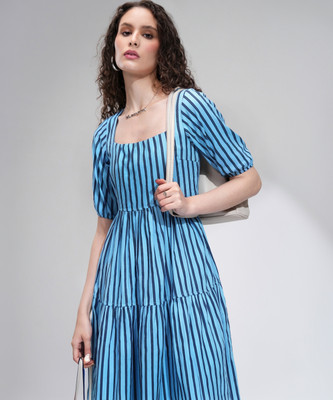 Tokyo Talkies Women Fit and Flare Blue Midi/Calf Length Dress