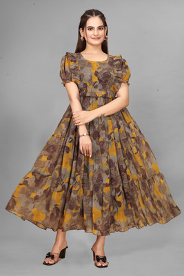 HouseOfCommon Women Maxi Yellow Knee Length Dress